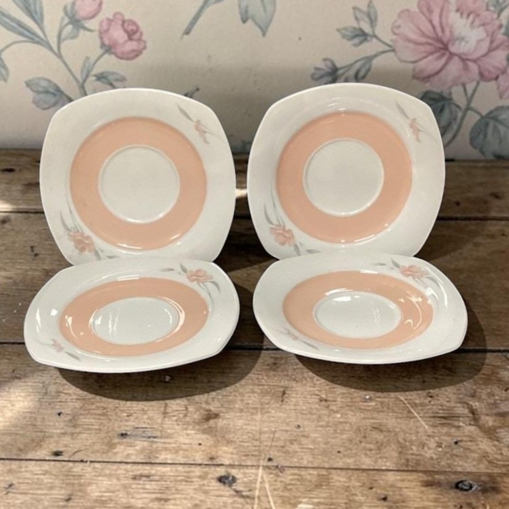 Nikko Japan Quadrille Peachglow Teacup Saucers, Set of 4, Vintage Tableware